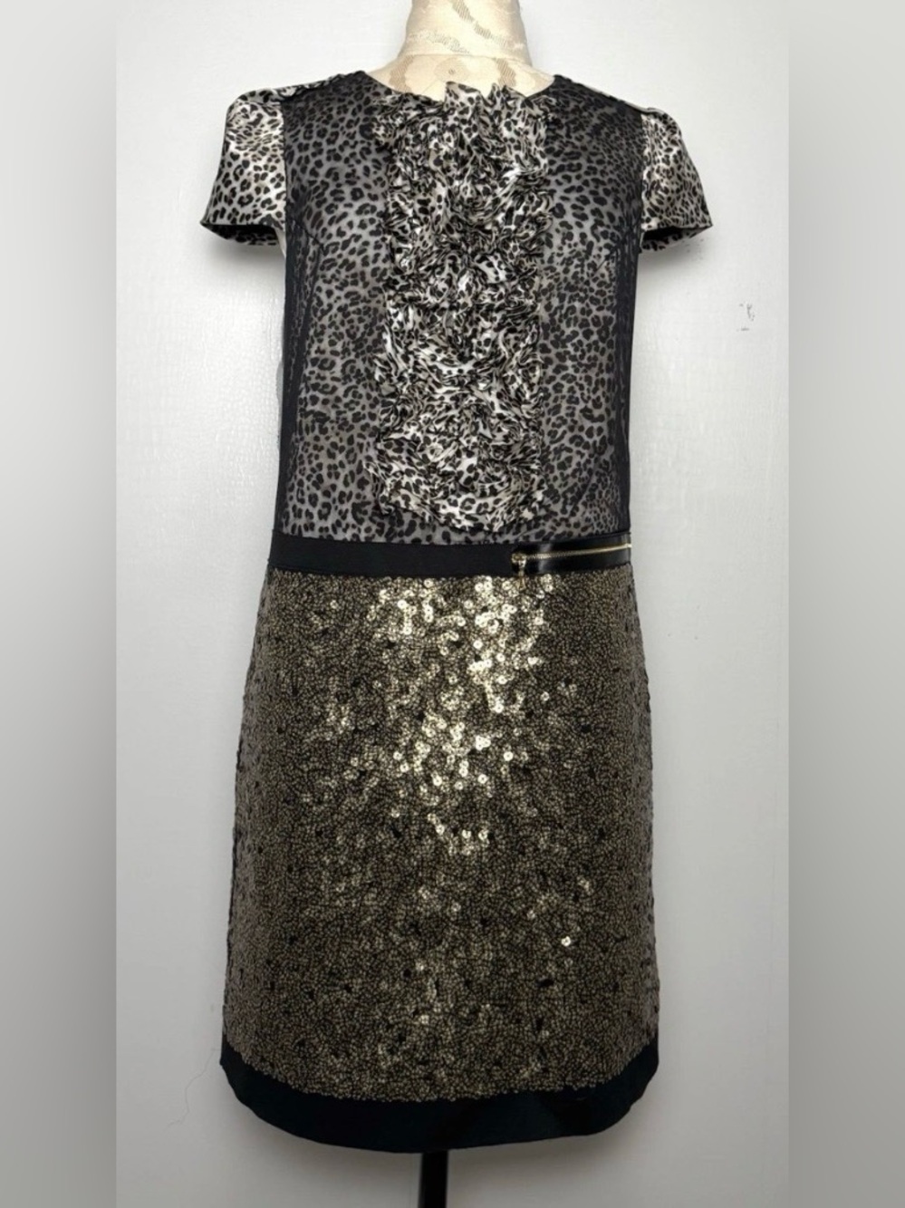 Vivienne Tam Leopard Sequin Silk Lined Ruffle Cocktail Dress 4